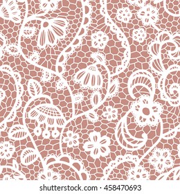 White lace seamless pattern with flowers on beige background