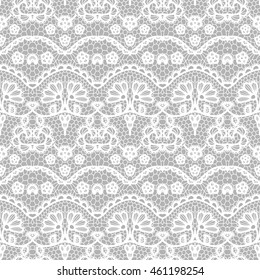White lace seamless pattern with flowers on grey background