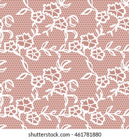 White lace seamless pattern with flowers on beige background