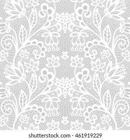 White lace seamless pattern with flowers on grey background