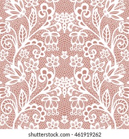 White lace seamless pattern with flowers on beige background