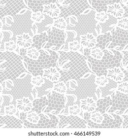 White lace seamless pattern with flowers on grey background