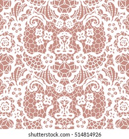 White lace seamless pattern with flowers on beige background