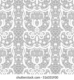 White lace seamless pattern with flowers on grey background
