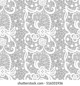 White lace seamless pattern with flowers on grey background