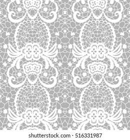 White lace seamless pattern with flowers on grey background