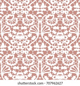 White lace seamless pattern with flowers on beige background