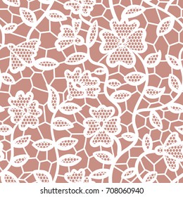 White lace seamless pattern with flowers on beige background