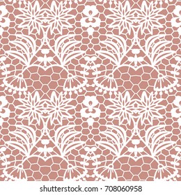 White lace seamless pattern with flowers on beige background