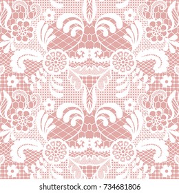 White lace seamless pattern with flowers on beige background