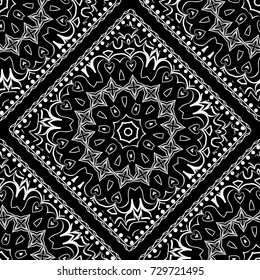 White lace seamless pattern with mandala flowers on black background. Vector illustration. For scrapbooking, wallpaper, cases for smartphones, print, surface texture, pillows, bags.