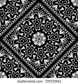 White lace seamless pattern with mandala flowers on black background. Vector illustration. For scrapbooking, wallpaper, cases for smartphones, print, surface texture, pillows, bags.