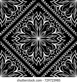 White lace seamless pattern with mandala flowers on black background. Vector illustration. For scrapbooking, wallpaper, cases for smartphones, print, surface texture, pillows, bags.