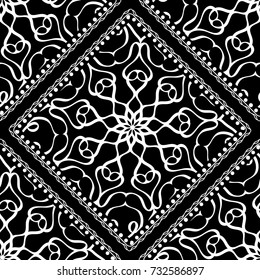 White lace seamless pattern with mandala flowers on black background. Vector illustration. For scrapbooking, wallpaper, cases for smartphones, print, surface texture, pillows, bags.