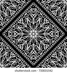 White lace seamless pattern with mandala flowers on black background. Vector illustration. For scrapbooking, wallpaper, cases for smartphones, print, surface texture, pillows, bags.