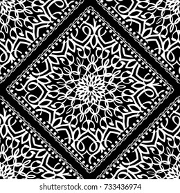 White lace seamless pattern with mandala flowers on black background. Vector illustration. For scrapbooking, wallpaper, cases for smartphones, print, surface texture, pillows, bags.
