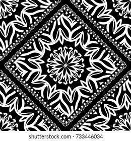 White lace seamless pattern with mandala flowers on black background. Vector illustration. For scrapbooking, wallpaper, cases for smartphones, print, surface texture, pillows, bags.