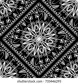 White lace seamless pattern with mandala flowers on black background. Vector illustration. For scrapbooking, wallpaper, cases for smartphones, print, surface texture, pillows, bags.