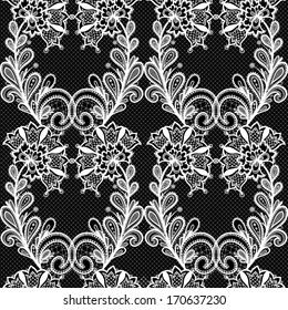 White lace seamless pattern on black background. Old lace background, ornamental flowers. Floral background.