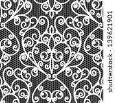 White lace seamless pattern, vintage vector floral texture on black