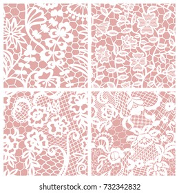 White lace seamless patterns with flowers on beige background