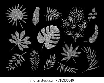 white lace. Set, a branch of a tropical palm tree. Traditional folk stylish stylish floral embroidery on the black background. Sketch for printing on fabric, clothing,  accessories and design. vector.