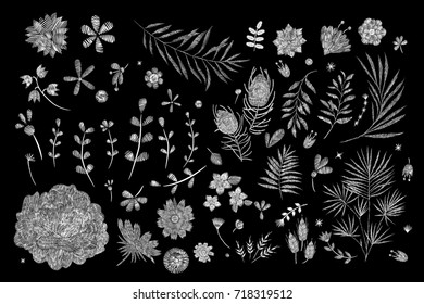 white lace. set of flowers. Traditional folk stylish stylish floral embroidery on the black background. Sketch for printing on fabric, clothing, bag, accessories and design. Vector, trend