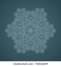 White lace snowflake, embossed pattern, decorative design element, winter decoration. Vector illustration