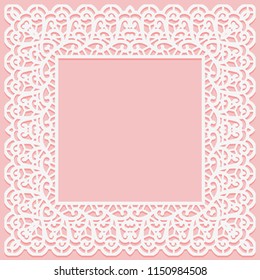 White lace square frame on a pink background. Suitable for laser cutting. Vector illustration