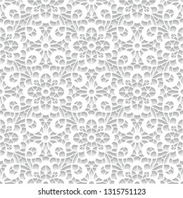 White lace texture, cutout paper ornament, vector seamless pattern