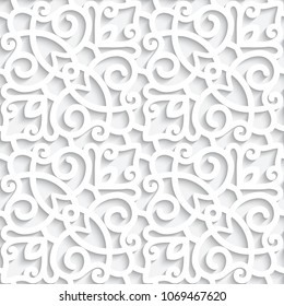 White lace texture, seamless pattern with cutout paper swirls, ornamental vector background