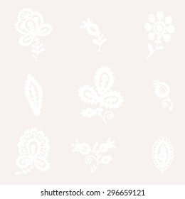 White lace vector design set. Old lace background, ornamental flowers like the embroidery in Russian style. Floral background. Backdrop for wedding invitation and retro cards