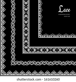 White lace, vector set of ornamental corner elements on black background