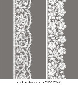 White Lace. Vertical Ribbon. Floral Seamless Pattern. Gray Background.