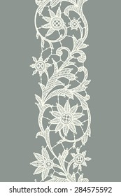 White Lace. Vertical Ribbon. Seamless Pattern. Green Background.  