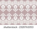 White Lace. Vertical Seamless Pattern. Beige Background.