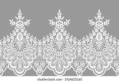 White Lace. Vertical Seamless Pattern. Beige Background.