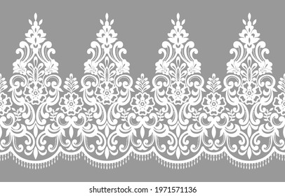 White Lace. Vertical Seamless Pattern. Beige Background.