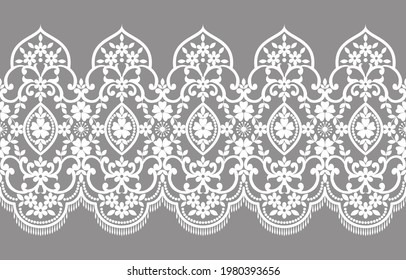 White Lace. Vertical Seamless Pattern. Beige Background.
