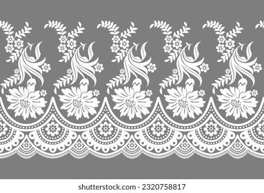 White Lace. Vertical Seamless Pattern. Beige Background.