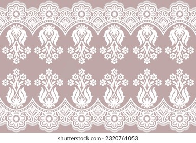 White Lace. Vertical Seamless Pattern. Beige Background.