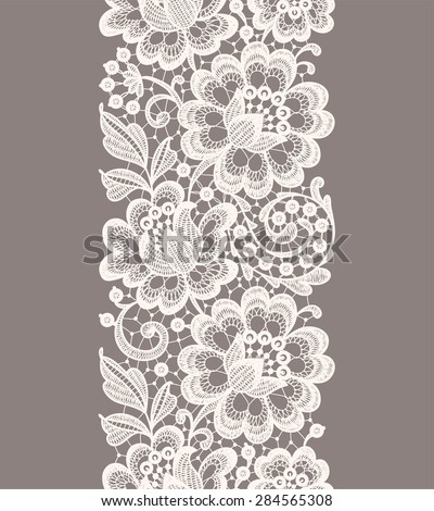 White Lace. Vertical Seamless Pattern. Beige Background.