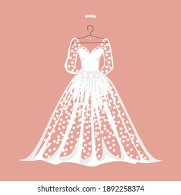 White lace wedding dress on a hanger. Background vector illustration.