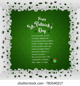 White laced frame with lettering on green background for St.Patrick's day,paper cut out style,vector illustration