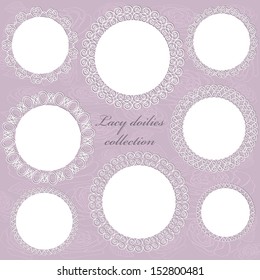 White lacy doilies collection on floral background.