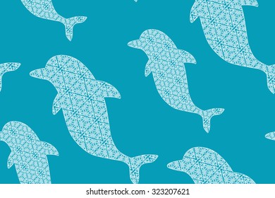 White lacy dolphins seamless pattern. Vector illustration 