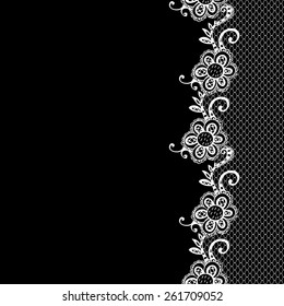 White Lacy Endless Braid on Black Background. Vector Illustration with Hand Drawn Floral Elements.