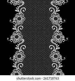 White Lacy Endless Ribbon on Black Background. Vector Illustration with Hand Drawn Floral Elements.