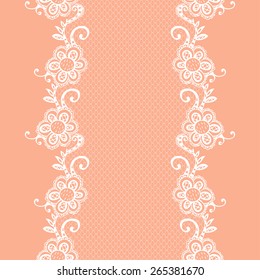 White Lacy Endless Ribbon on Beige Background. Vector Illustration with Hand Drawn Floral Elements.