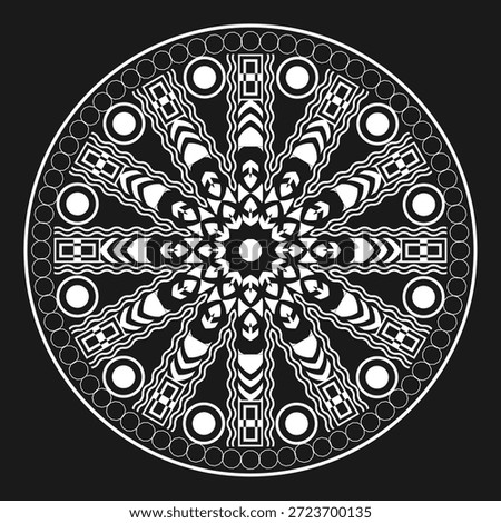 White lacy mandala on a black background. Design for a round tablecloth, decorative pillow, napkin or other item. Version 10. Vector illustration